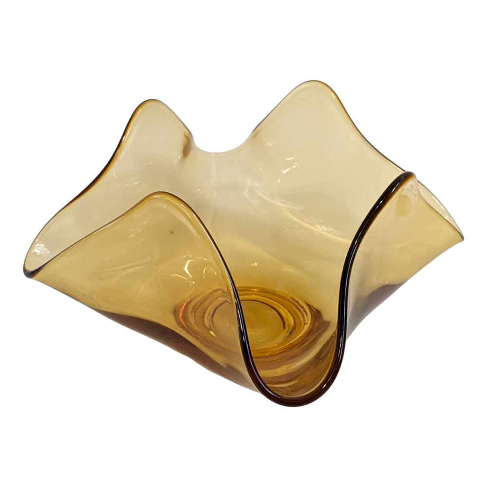Vintage MCM Amber Ruffled Handkerchief Glass Bowl, Mid Century Decor Art Glass‎